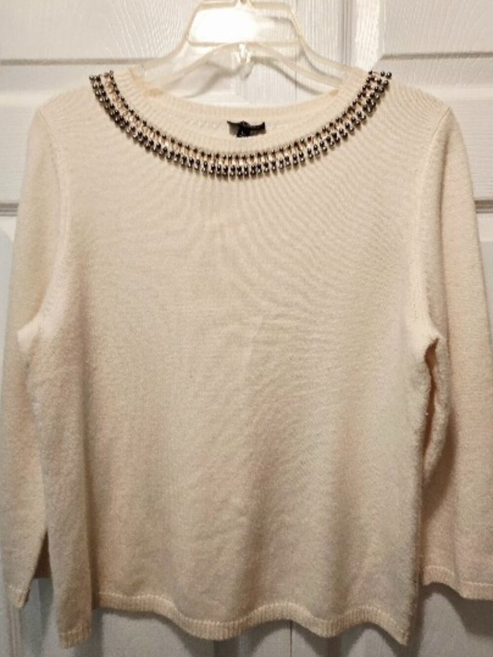 TALBOTS Women's Ivory Beaded Neckline Long Sleeves Pullover Sweater - Sz LP